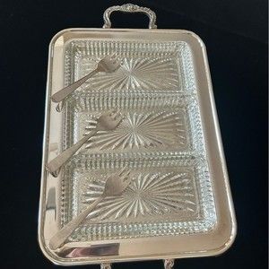 Vintage Leonard Footed Silver Plate Relish Tray w/ 3 glass dishes and 3 forks